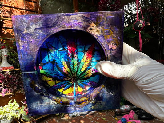 Large Unique Square Ashtray with Leaf inside the resin-hand made in Melbourne