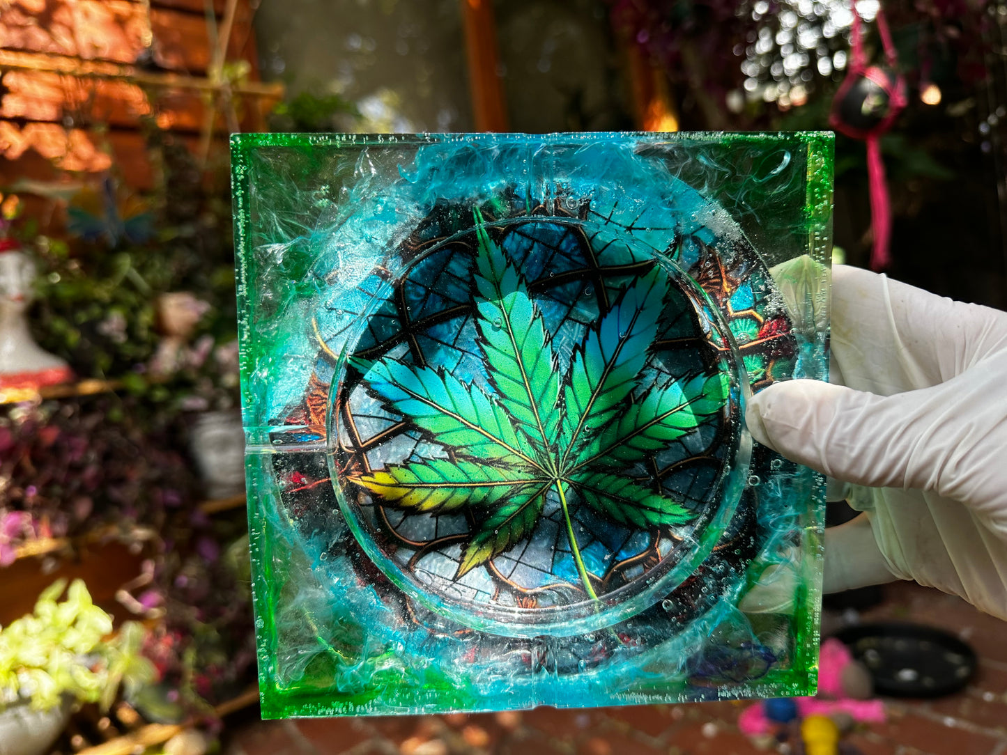 Large Unique Square Ashtray with Leaf inside the resin-hand made in Melbourne